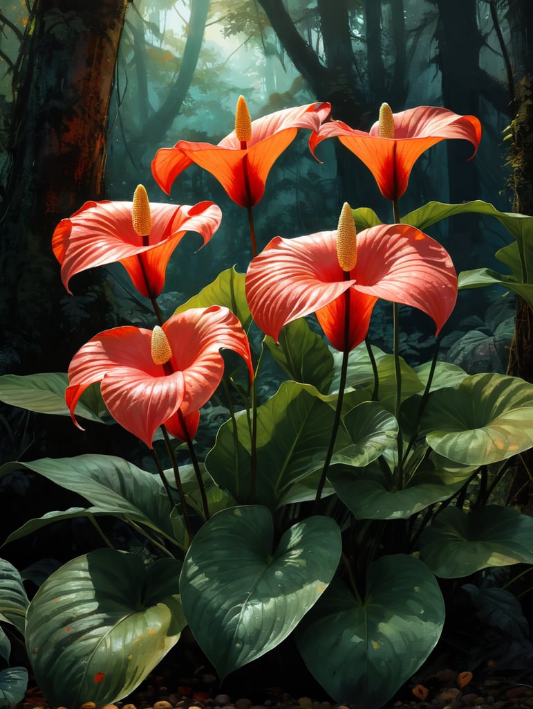 anthurium flowers growing in a lush forest