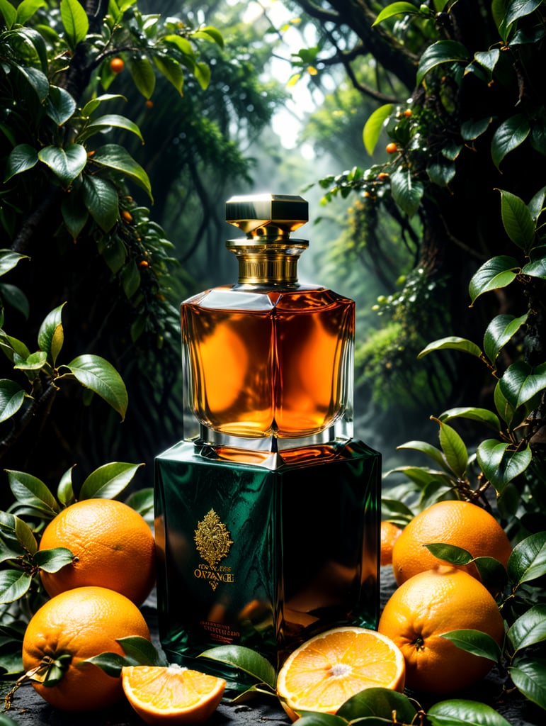 professional photography of a luxury perfume, orange fruits around, orange forest, green satin scarf, no label, clear, mockup