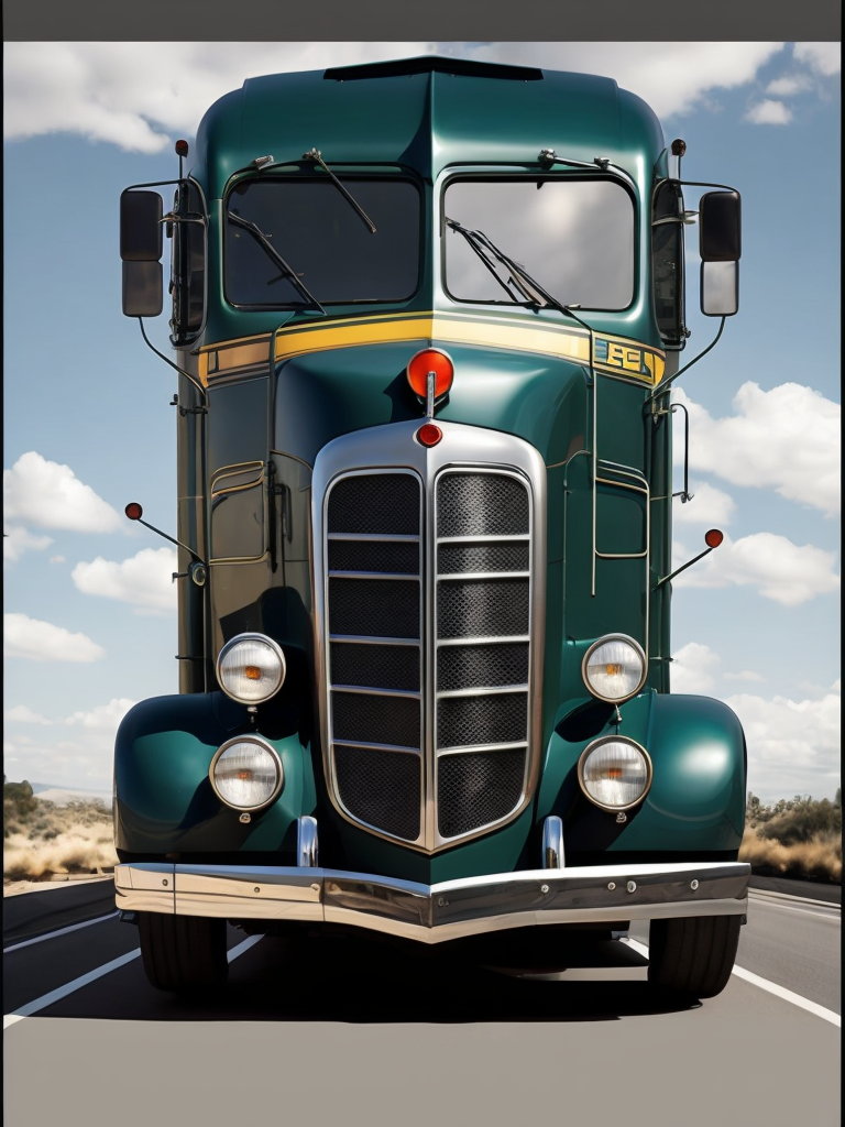 flat nose truck, cabover, locomotive, train, on wheels, tires, art deco, art nouveau, streamline, front window, tall