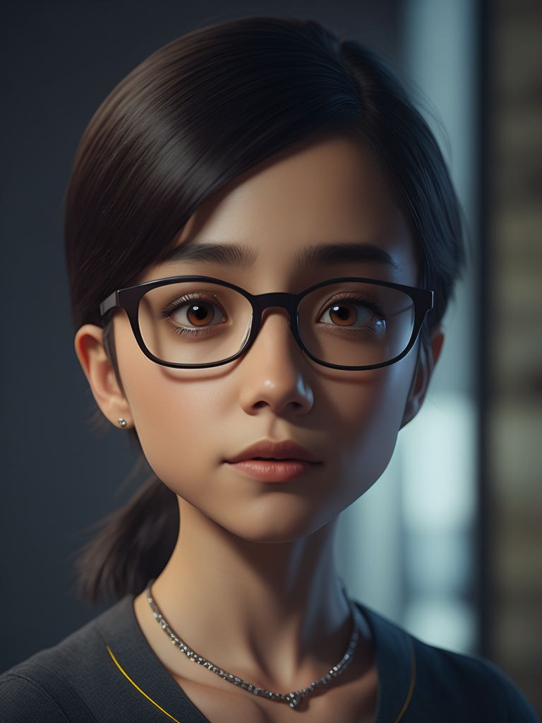 Girl, black hair, Brown eyes, glasses and necklace, Full body, standing centered, Pixar style, 3d style, disney style, 8k, Beautiful, Pixar style girl with black hair brown eyes glasses and necklace