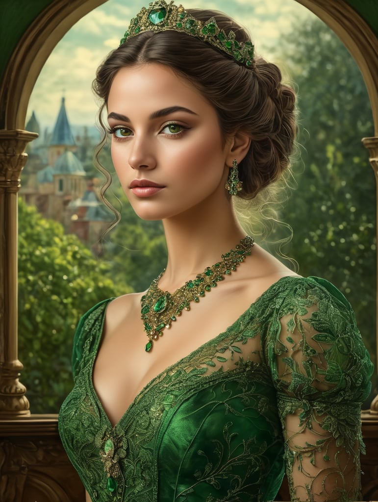 Michael Cheval style illustration, of a twenty-year-old woman, very beautiful, similar to Veronica Castro, dressed in a beautiful green dress.