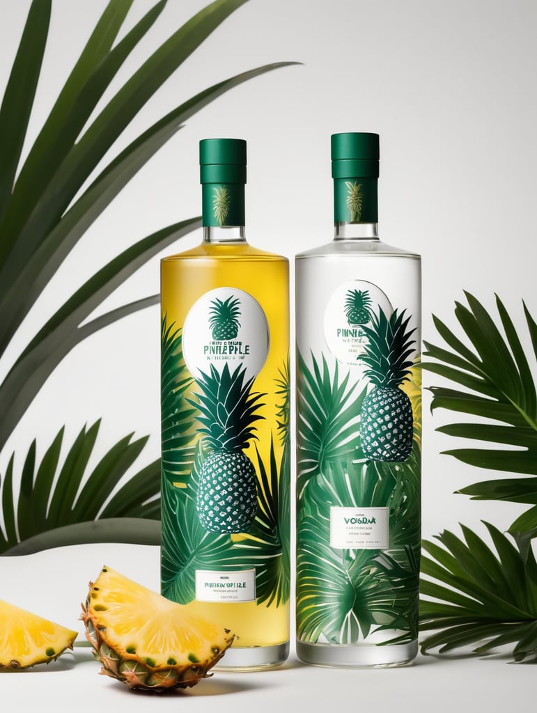 Packaging and branding for a pineapple vodka brand as if it had been designed by HI ESTUDIO with In a set design with pineapple, pineapple leaves.