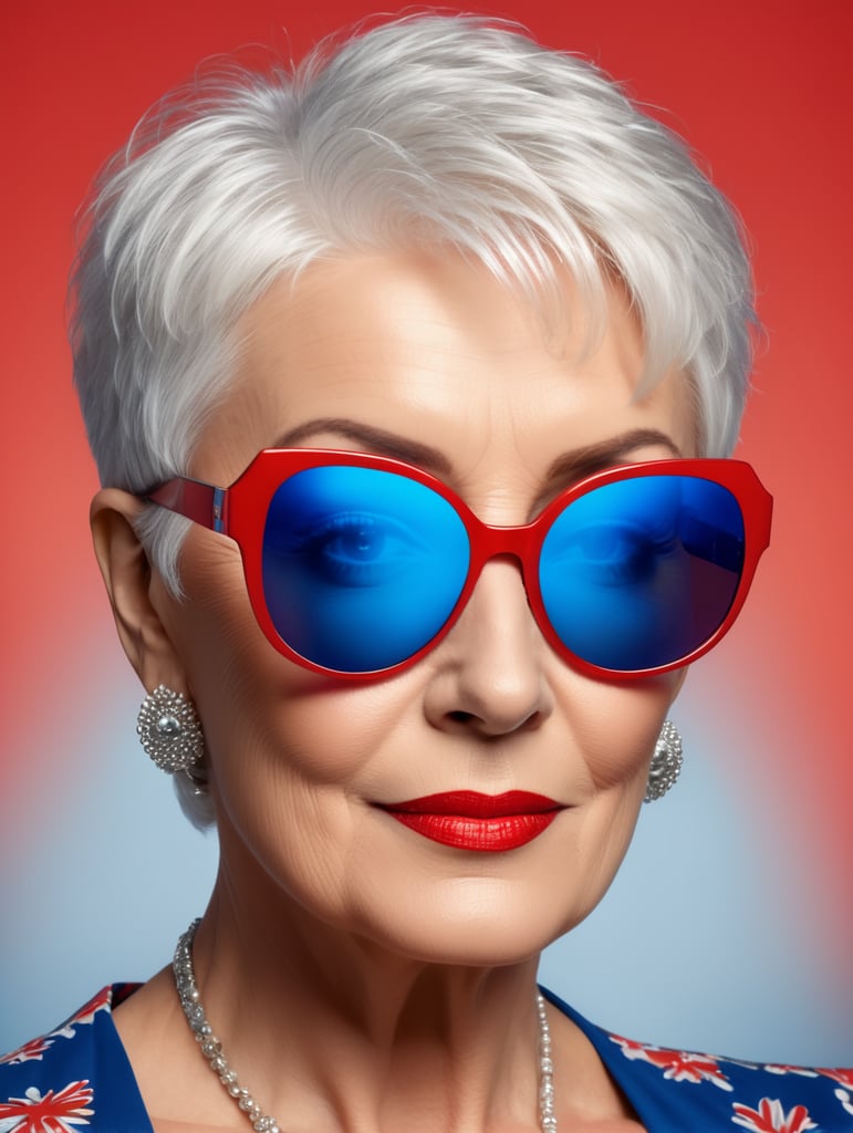 A portrait of a beautiful English older woman with white platinum short hair and big sunglasses, dressed all red, blue background, big cleavage, glamorous London portrait, highly realistic, women designer, very fashionable, colourful