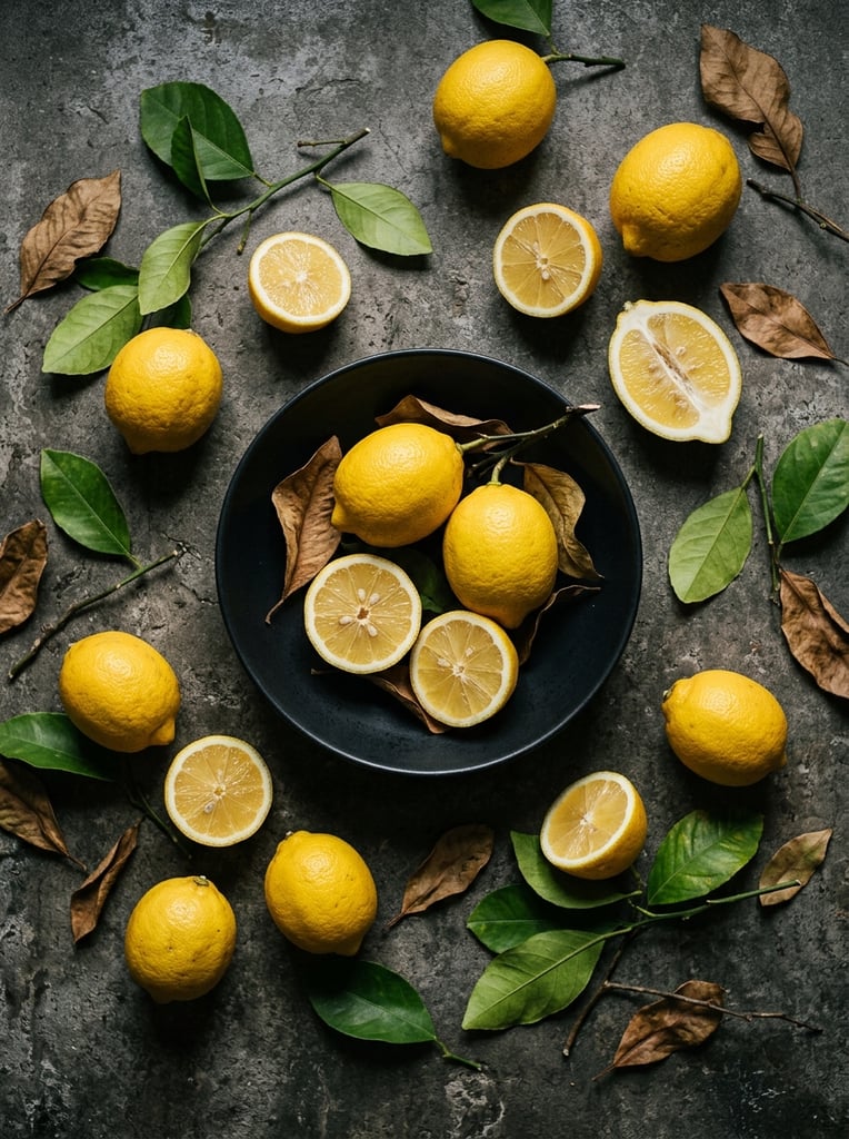A rustic top-down flat lay features vibrant yellow lemons scattered across a mottled dark grey concrete surface. A centered matte black shallow bowl holds two whole lemons, a halved lemon exposing its juicy segments, and curled, dried brown leaves. Surrounding the bowl are more whole and cut lemons, desiccated foliage, and fresh green citrus leaves on thin stems. Soft directional lighting casts deep shadows, highlighting the pitted rind textures against the stark, moody background to create a striking, high-contrast food photography still life.