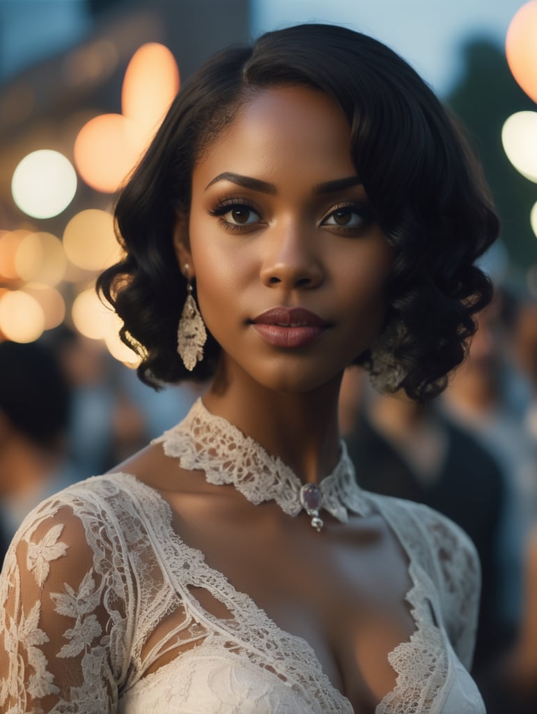 attractive, flirty young black woman, wearing a transparent lace blouse with a big cutout, 20 years old, beautiful charming, curves, day of the dead parade, twilight, city lights, movie still from a Denis Villeneuve thriller, Enemy, photos taken by ARRI, anamorphic lens, incredibly detailed, 35mm film grain, details + professional lighting, photography lighting + 35mm + lightroom gallery, Arriflex 35, Eastman Color Negative II 100T 5247