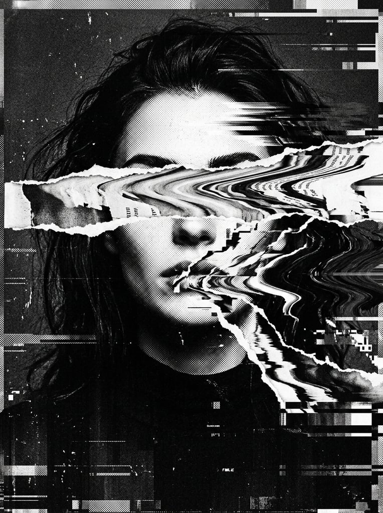 A monochrome portrait of a woman's face with torn paper covering her eyes, heavily warped by severe digital glitch distortion. Fluid, wavy deformations stretch horizontally across the frame, warping her facial features and the jagged edges of the paper. The aesthetic is strictly black-and-white with extreme contrast between pure darks and bright highlights. Dense static noise, granular halftone textures, and scanner-like pixelation disrupt the visual field, framed by heavily banded, corrupted borders.