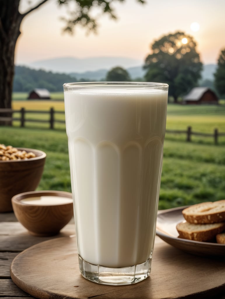 A mockup of a glass of milk, early morning, farm breakfast, blurred background
