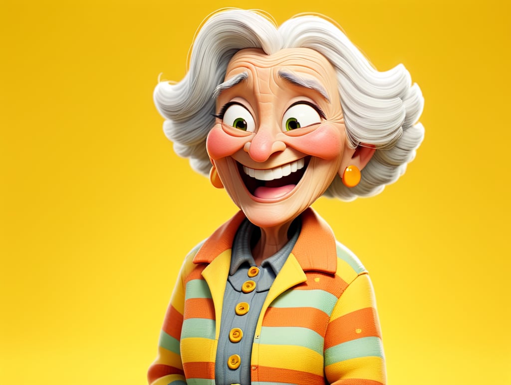 Smiling and cheerful old lady in a striped jacket on an isolated yellow background