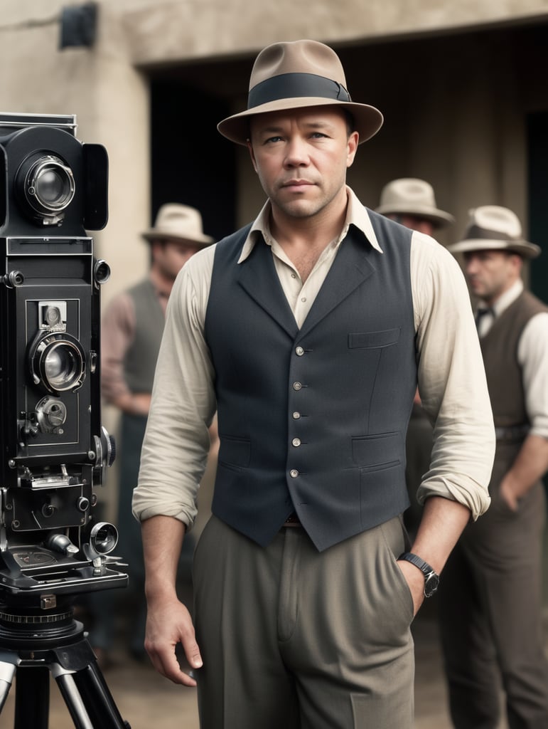 Stephen Graham, wearing a fedora, clean shaven, dressed in a vest and pants, standing next to a 35mm cinema film camera on a movie set, 1940's film noir,serious look,