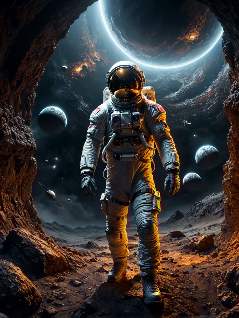 astronaut står omringet af træer om natten det er et skarpt lys, fra en ufo der er styrtet ned i baggrunden