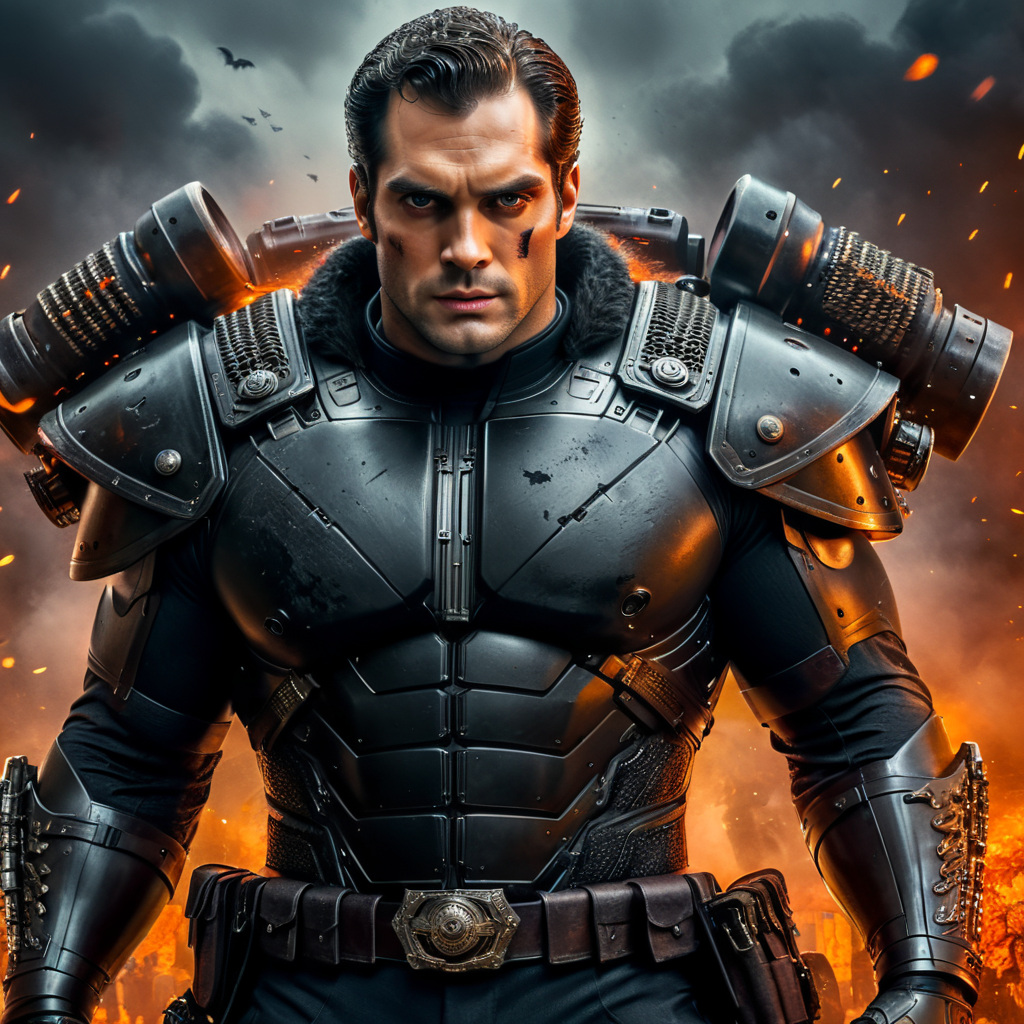 Portrait of a Henrycavill wearing scary Halloween costume, holding a gaint machine gun.