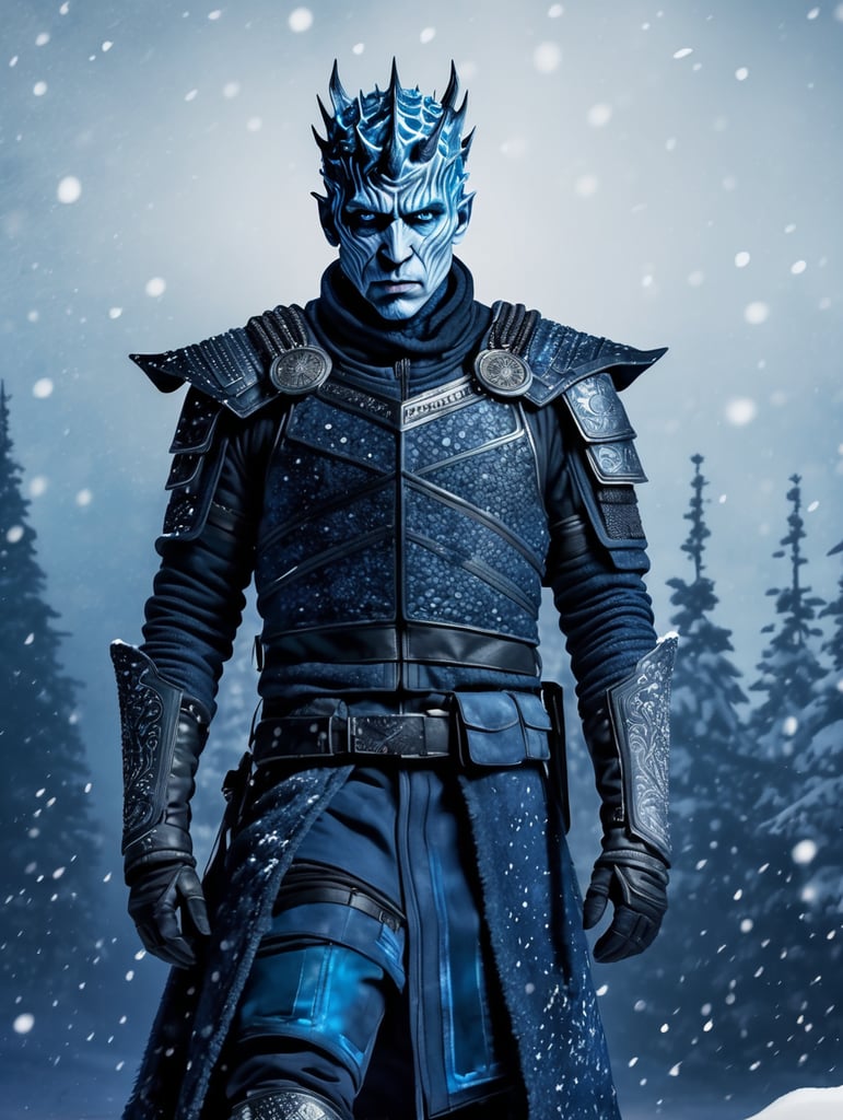 Night King, dark blue snowy background, wearing modern clothes, hyper realistic, hyper detailed male post-apocalyptic full body outfit, male character concept,