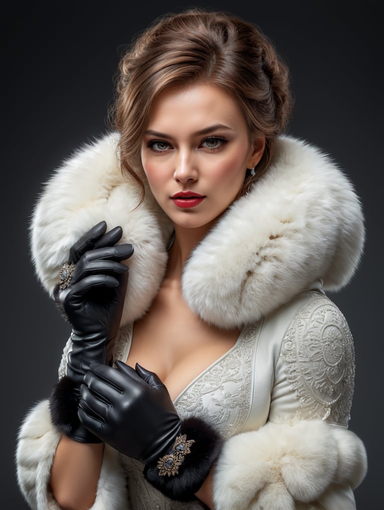 woman wearing fur gloves, white background, high quality