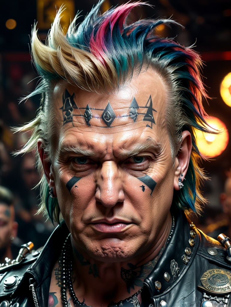Donald Trump as a punk rocker, full face, tattoos, piercing