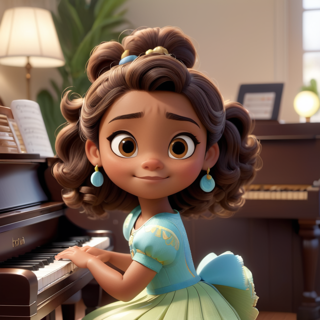 A 25-year-old girl with a light light brown skin tone, little wavey dark brown hair, sits playing the piano at home salon