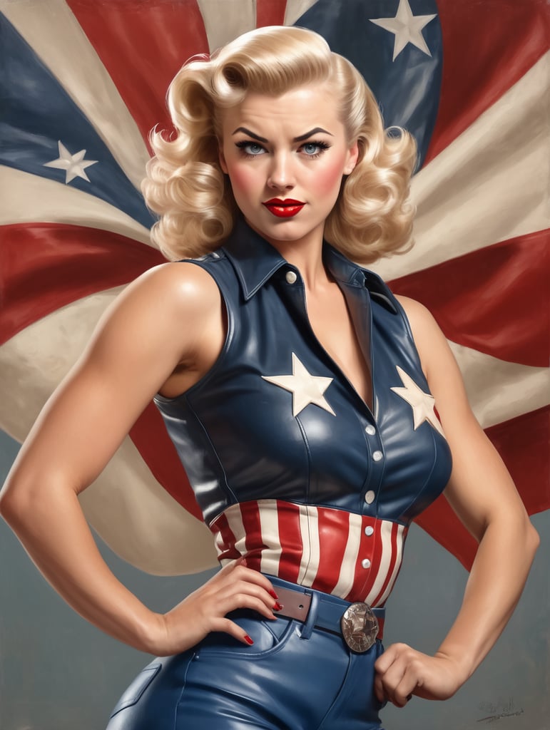 Modernized 1940's pinup girl, blonde hair, red white and blue sleeveless leather shirt with stars, flexing arm powerfully, mad expression on face