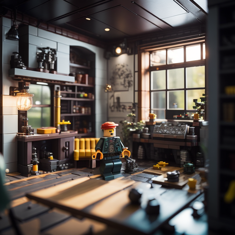 interior made with loth of small detail of a lego, professional photo, realistic, deep focus