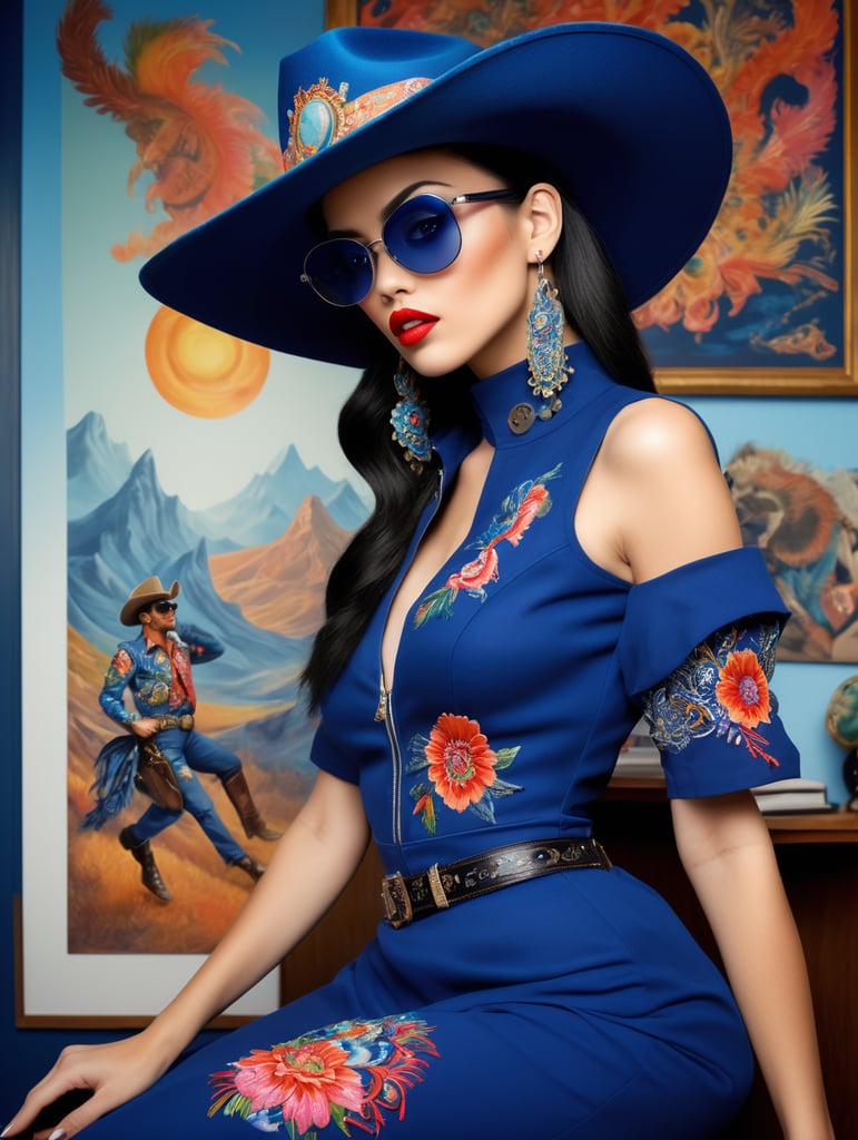 Medium-full shot, profile half body photography, in the office, a punk 80's model woman with dramatic makeup and a 50's cowboy hat, wearing a deep blue, vibrant, detailed embroidered dress, large sunglasses, 80 degree view, art by sergio lopez, natalie shau, james jean, salvador dali.