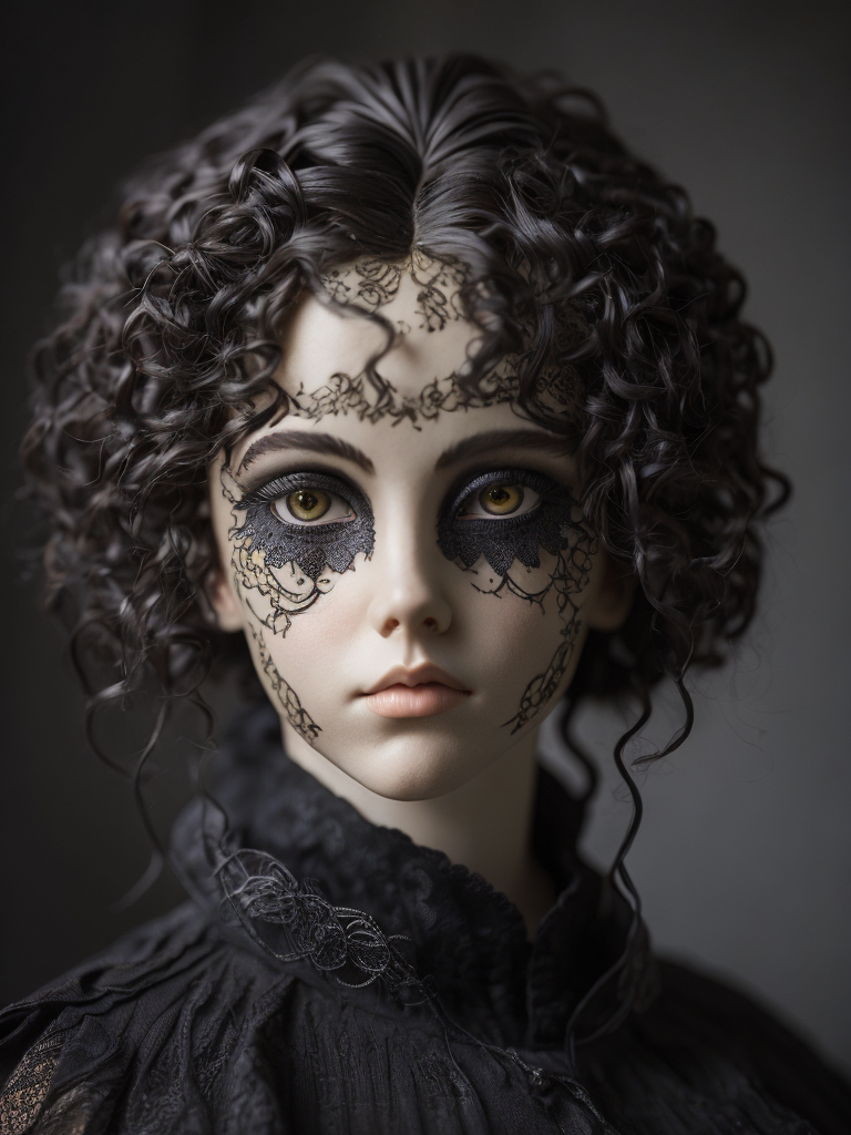 Quay Brothers style, Victorian porcelain doll's head, hair made of black mamba snakes, intricate black lace, muted colors, gothic horror, highly detailed