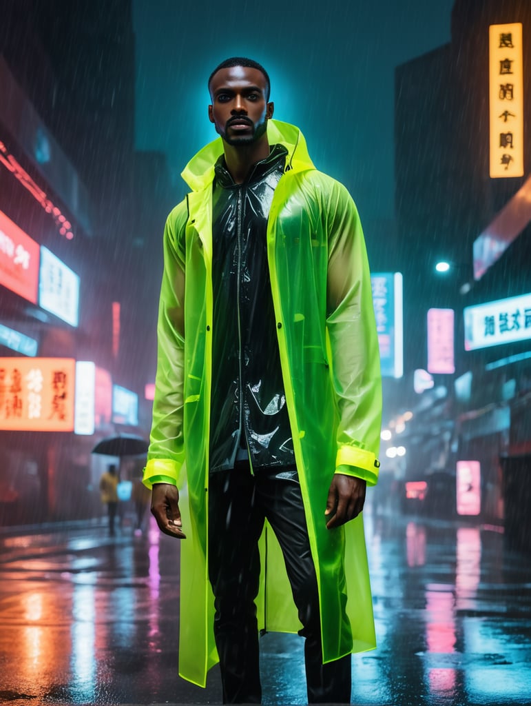 Portrait of A super model black African man wearing translucent raincoat, standing on a street under the heaviest rain, neon cyber city, dark night, neon signs,