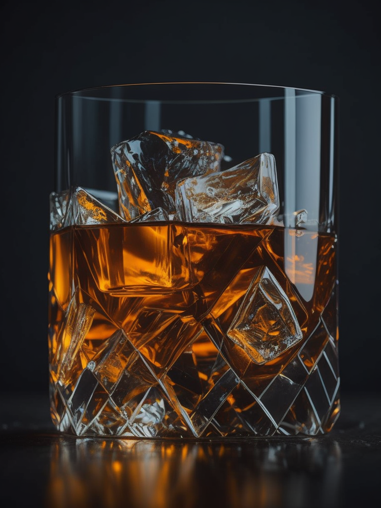 glass of whisky with ice cubes, dark atmosphere, professional photo, amber lights