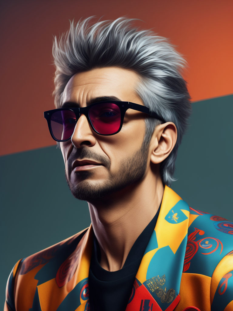 Pino Daniele wearing a brightly patterned jacket and wayfarer glasses, Vivid saturated colors, Contrast color