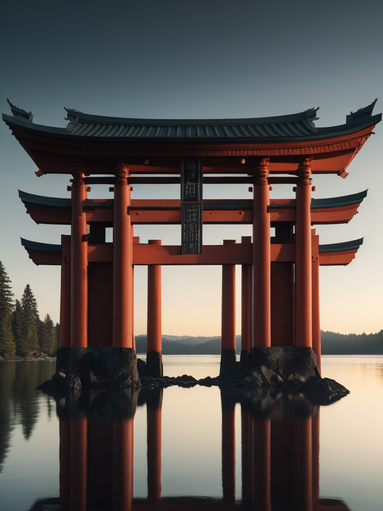 Red torii gate in middle of a lake, Dense forest on the edge of the lake, Bright and saturated colors, Japanese culture, photorealistic, contrast light