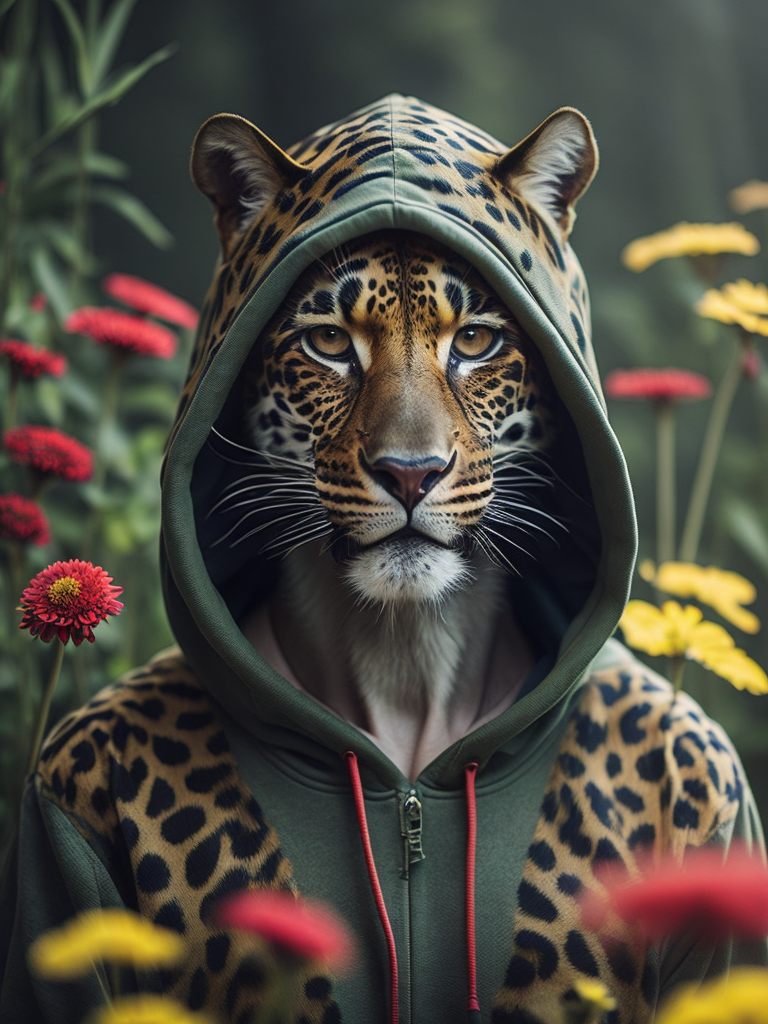Realistic leopard in green hoodie, flowers and smile, elegant, fashion magazine, strong, powerful, green hoodie, sharp focus, highly detailed, bright and saturated colors, photography in studio, the photo should be waist-length