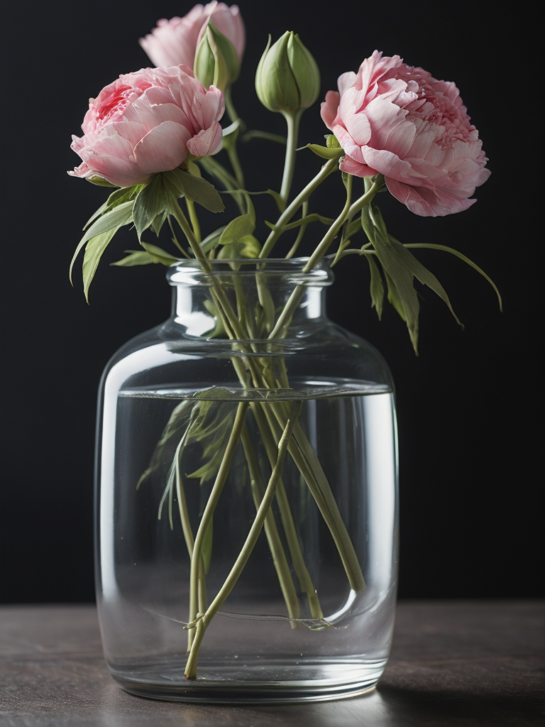 Transparent glass vase with pink peonies, dark gradient background, sharp focus