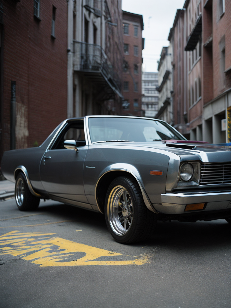 Futuristic 1983 Silver Chevy El Camino chrome rims pin stripe glossy paint graffiti alley trash dumper in background downtown