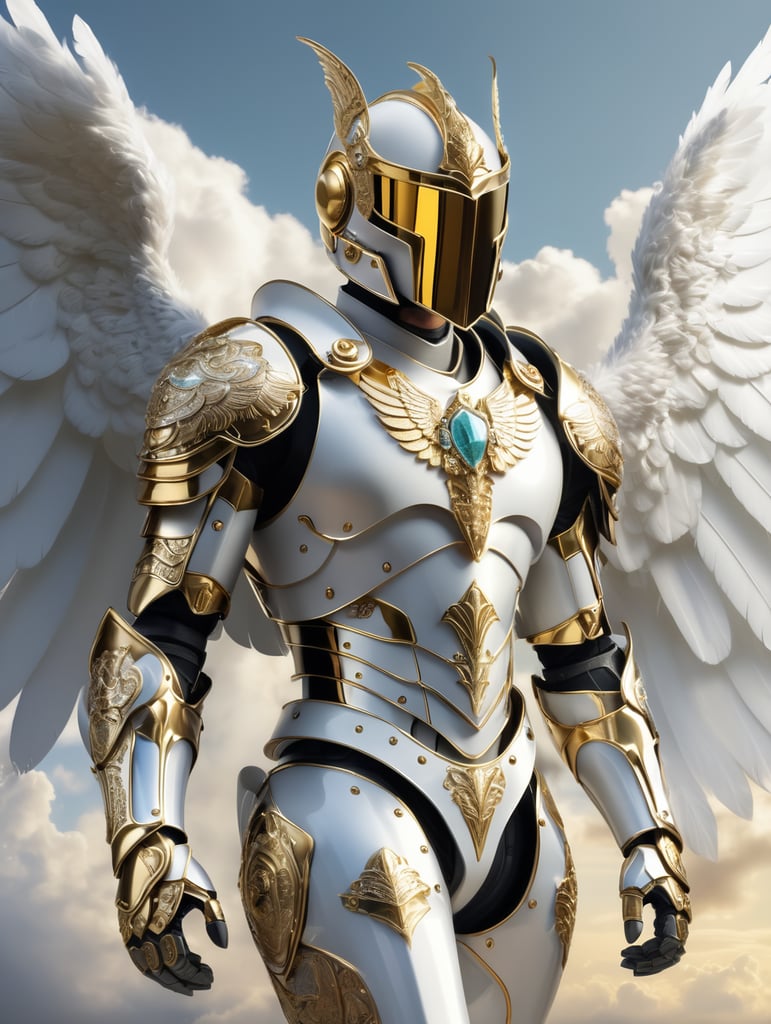 Cyber knight wearing white and gold chrome winged helmet and jewel engraved armor, shining reflections, walking in the clouds, photorealistic, hyper-detailed, peaceful atmosphere