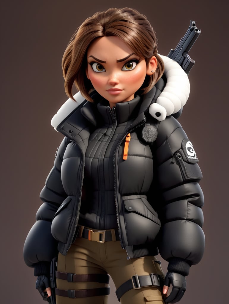 Lara croft with gun wearing a black puffer jacket