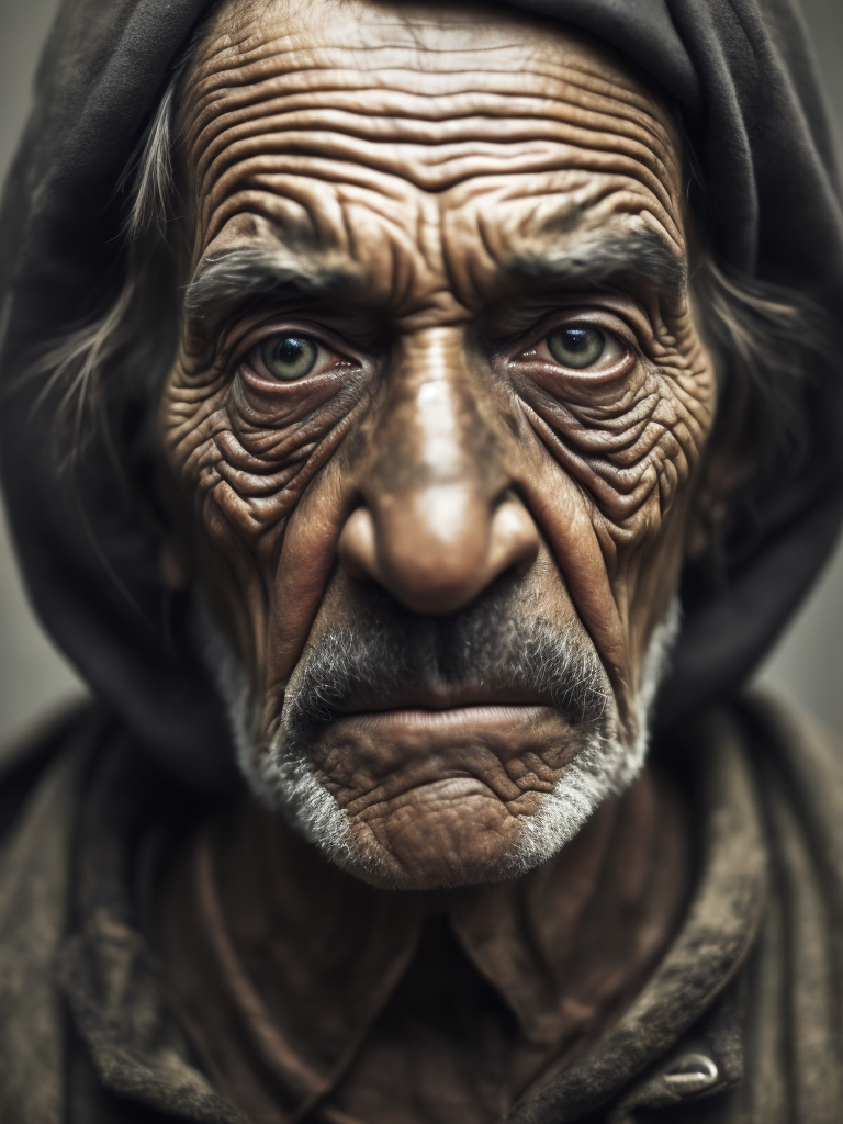 портрет старого кочегара, лицо в саже, грязная одежда, глубокие морщины на лице