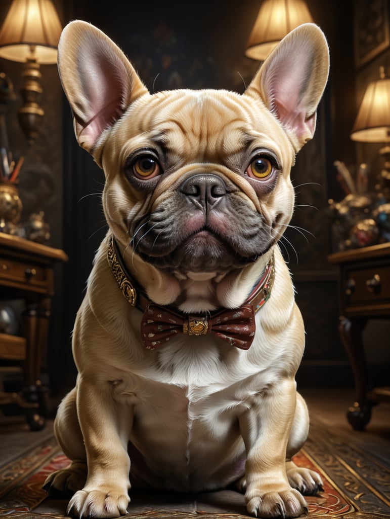 short-haired beige french bulldog simon cartoon background