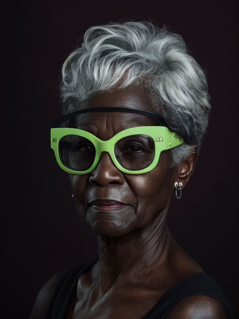 Elderly woman with black skin and gray hair wearing glasses