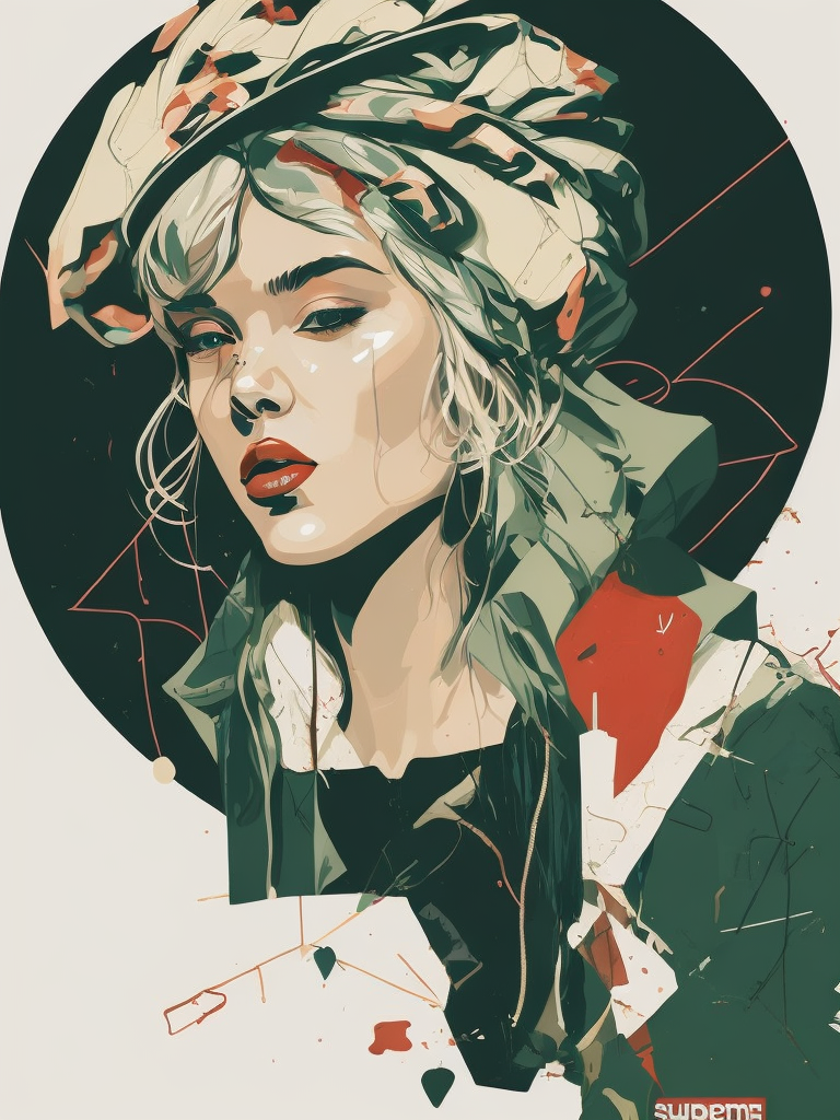abstract 1998 european blond hiphop girl by sachin teng x supreme, attractive, stylish, designer, green, asymmetrical, geometric shapes, graffiti, street art