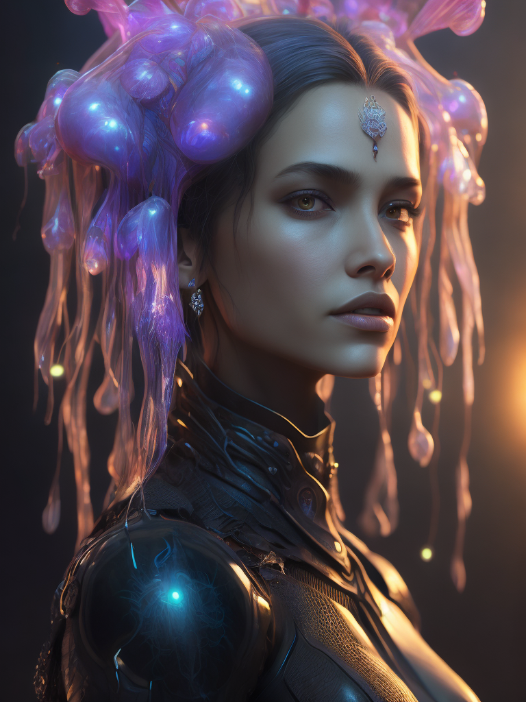 A girl have biomechanical brain, transparent, bioluminiscent creatures, 8k resolution, trending on artstation, cinematic, hyper realism, goddess close-up portrait, chimera orchid jellyfish, 3d