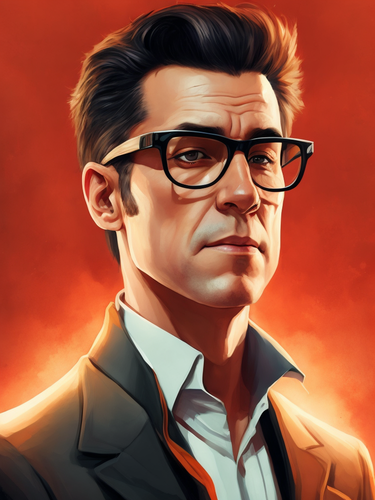 Portrait of an American man in a light suit with white hair wearing glasses with black thick rims, portrait in the style of advertising 50s, red background, sharp focus, highly detailed, vintage advertising, retro style