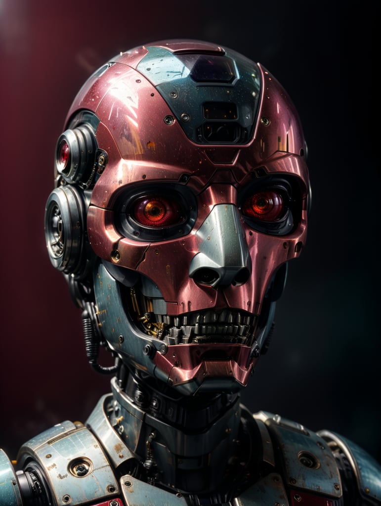 robot ciencia ficción años 1970, hecho de cristal, vista frontal, fondo rojo burdeos, estilo impresionista, arte digital