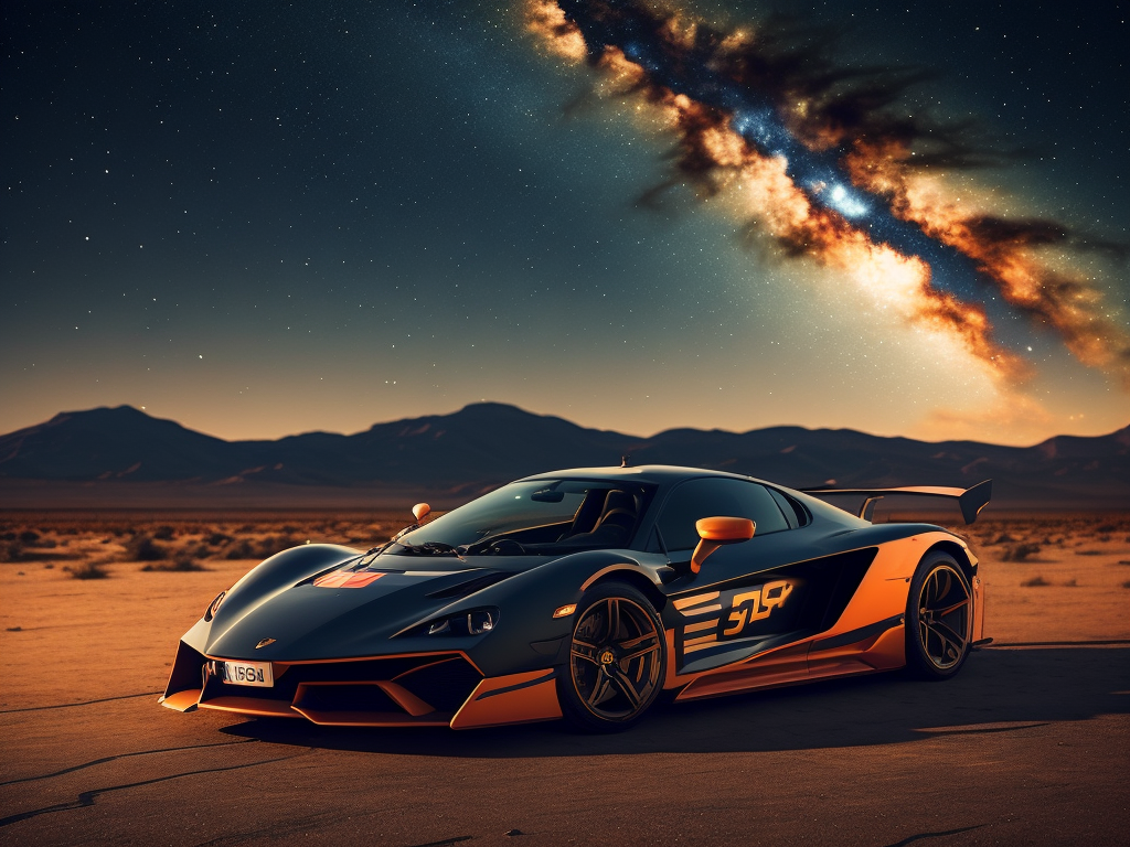 Retro Sports car in the desert at night, neon interior lighting, photorealistic, high definition, photography, cinematic, photography, starry sky background