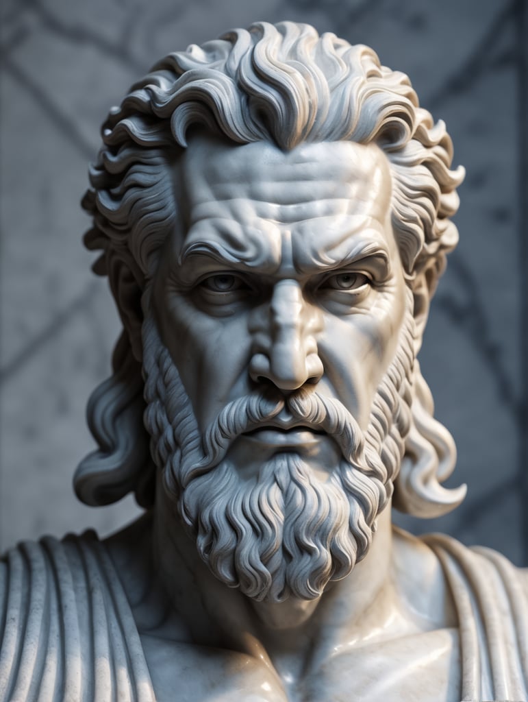 A realistic portrait white greek marble statue of a zeus, neutral background, moody, angry, photorealistic, movie scene, super detailed, hyperrealistic