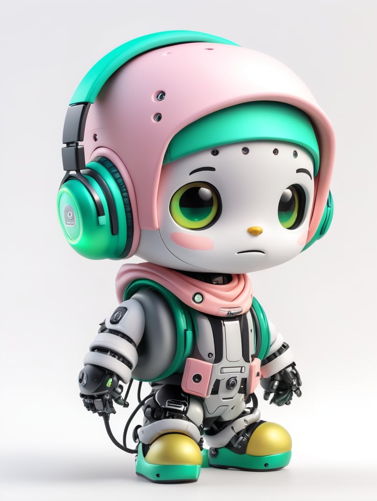 Cute robot-boy caracther, with black headphones, a hip-hop hat, a black backpack and Green-yellow gradient.