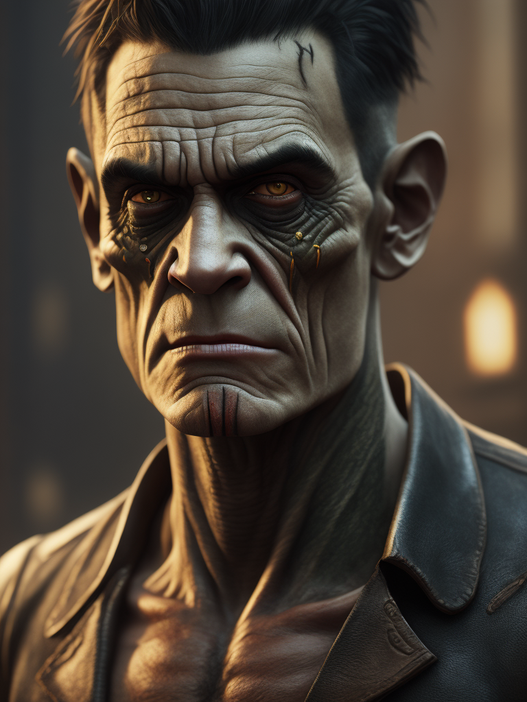 frankenstein with tattoos, scars, stitches