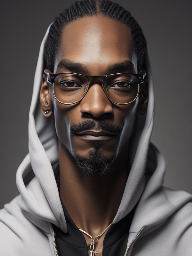 Portrait of Snoop Dogg with white skin and blond hair, glasses and mustache