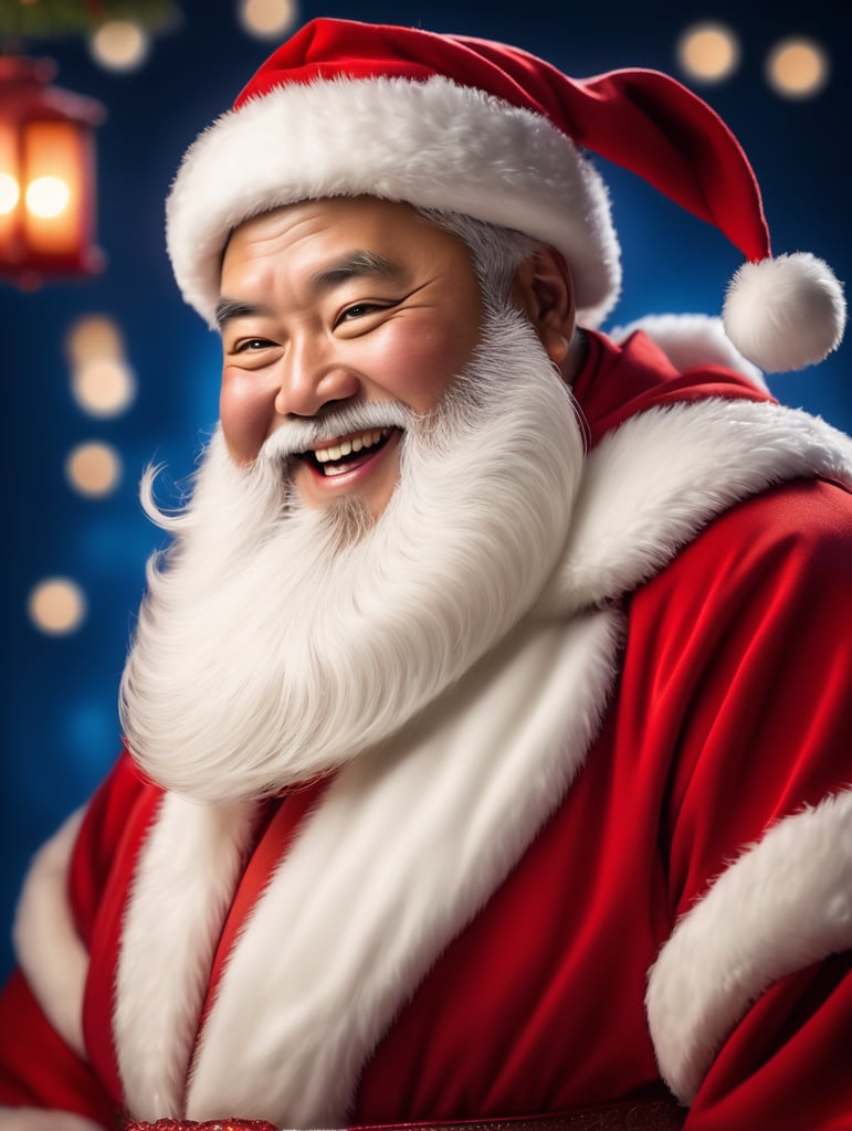 Portrait of a Japanese fat Santa Claus smiling, whimsical facial expression, flowing white beard, jolly caricature, saturated colors, red outfit, sharp focus, portrait photography, depth of field, dramatic candlelit lighting, incredibly high detailed, blue background, blurred background,