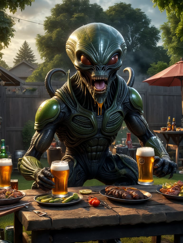 Alien drinking can beer and grilling for neighbors at a backyard BBQ