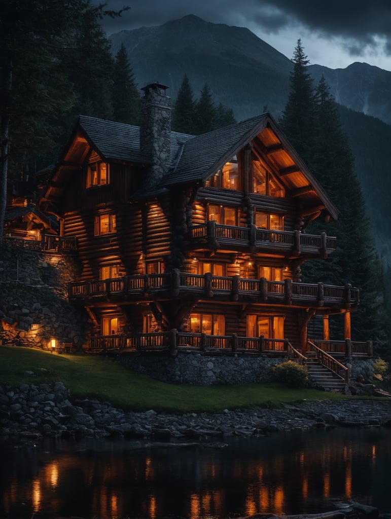 Professional evening photo of a small and cozy Log mountain house, mountains, lake, forest