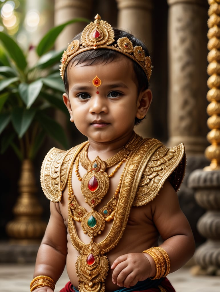 A cute little baby boy dressed like lord Murugan,divine,4K,ultra realistic