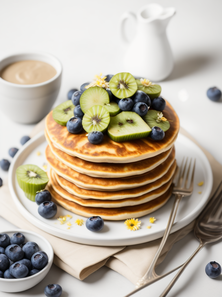 Pancakes with blueberry and kiwi decorated with chamomile flowers, bright atmosphere, Provence, Depth of field, Incredibly high detailed