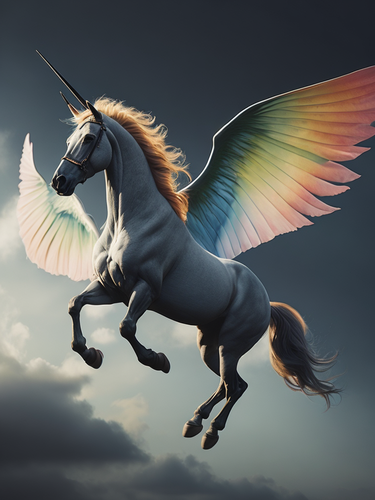 Rainbow colored Unicorn with wings flying through sky